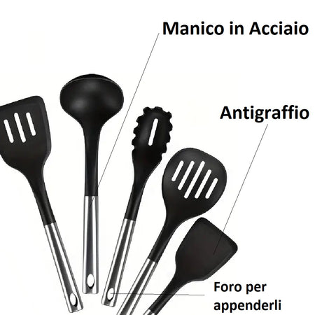 Utensili da Cucina 6pz in Acciaio e Nylon Non Graffiano Antiaderenti Nero Cromo