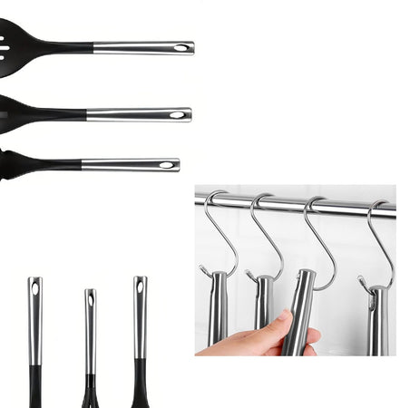 Utensili da Cucina 6pz in Acciaio e Nylon Non Graffiano Antiaderenti Nero Cromo