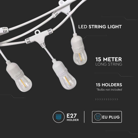 Catenaria 15m LED E27 Colore Bianco con Presa e Spina EU IP44 Lampadine NON incluse