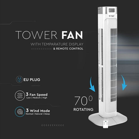 Ventilatore a Torre 55W con Display LED con Indicatore di Temperatura e Telecomando Colore Bianco 92cm
