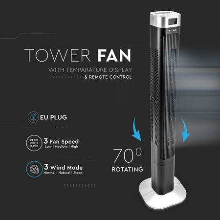 Ventilatore a Torre 55W con Display LED con Indicatore di Temperatura e Telecomando Colore Nero 120cm