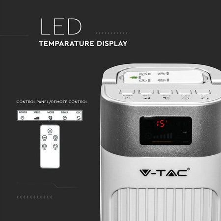 Ventilatore a Torre 55W con Display LED con Indicatore di Temperatura e Telecomando Colore Bianco 92cm