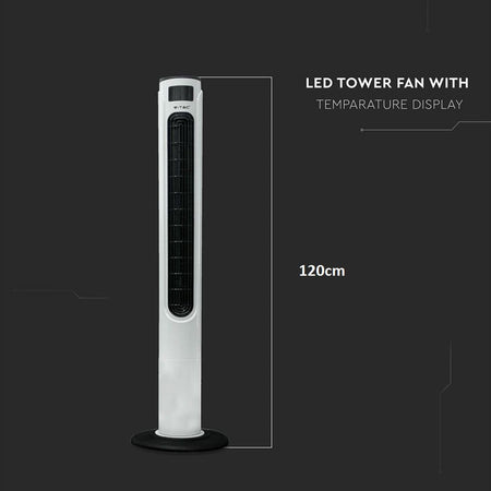 Ventilatore a Torre 55W con Display LED con Indicatore di Temperatura e Telecomando Colore Bianco con Finiture Nere 120cm
