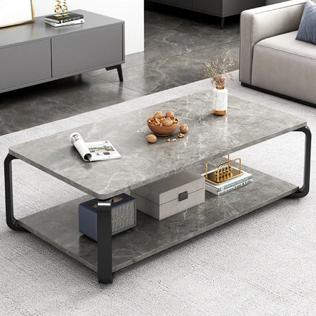Tavolino da Salotto 2 Ripiani Design Moderno Effetto Marmo Nero Grigio Chiaro