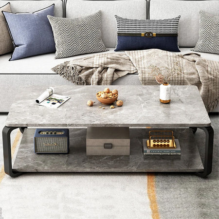 Tavolino da Salotto 2 Ripiani Design Moderno Effetto Marmo Nero Grigio Chiaro
