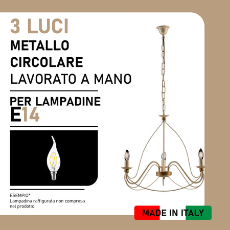 Lampadario Sospensione Metallo Verniciato Assia  3 luci E14 Avorio Oro Classico