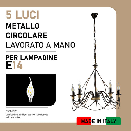 Lampadario Sospensione Metallo Verniciato Assia 5 luci E14 Marrone Oro Classico