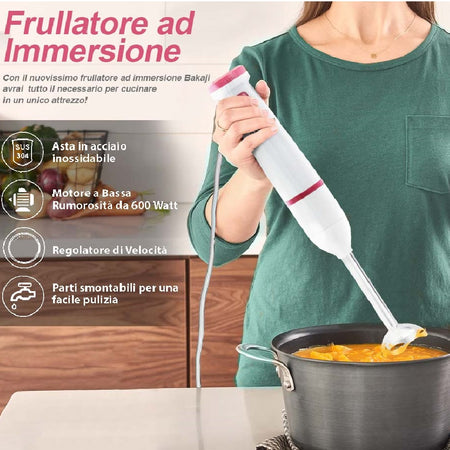 Frullatore Immersione Lame Acciaio 600W Sbattitore Tritatutto e Taglia Verdure