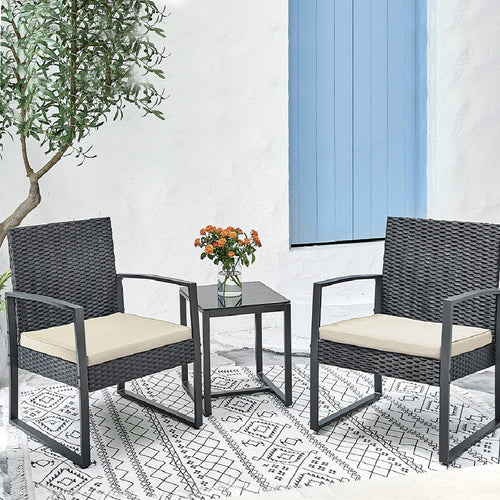 Set da Giardino Tavolino e 2 Poltrone in Polyrattan Nero e Tortora con Cuscini