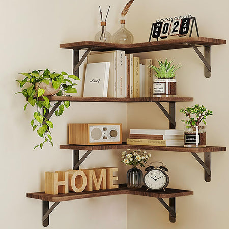 Mensole Angolari 4pz in Legno con Supporto a Muro Rovere Salvaspazio 41x14x29cm