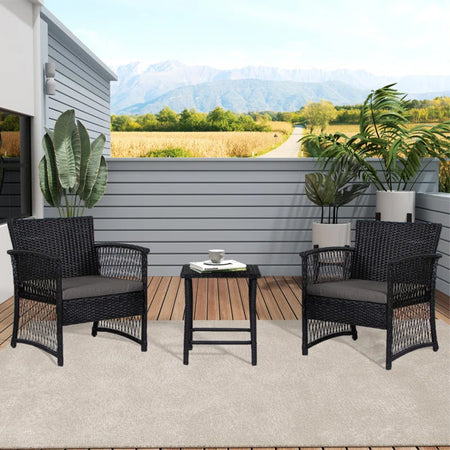 set da Giardino 3pz in Polyrattan Nero Grigio Esterno Interno Giardino Terrazzo