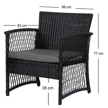 set da Giardino 3pz in Polyrattan Nero Grigio Esterno Interno Giardino Terrazzo