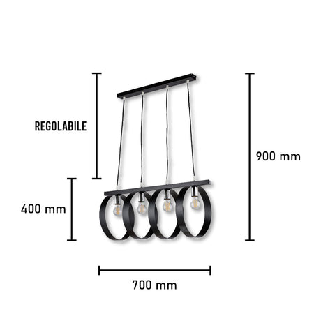 Lampadario Sospensione Metallo verniciato Barbara 4 Luci E27 Nero/Cromo