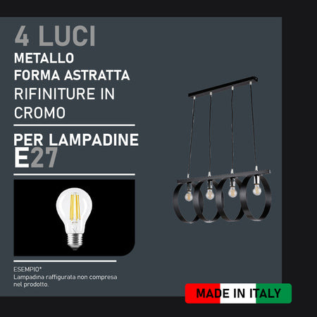 Lampadario Sospensione Metallo verniciato Barbara 4 Luci E27 Nero/Cromo
