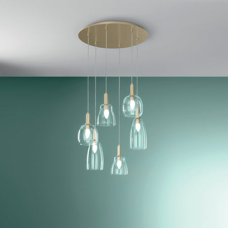 Lampadario a sospensione , sei diffusori Oro 6Xe14 60X50X150Cm