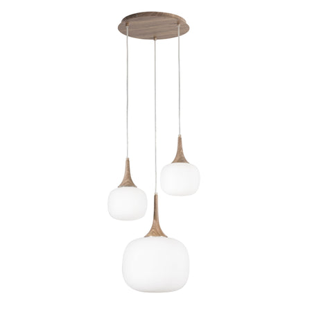 Sospensione in metallo con tre diffusori in vetro Bianca/Legno 1Xe27+2Xe14 29X39X150Cm