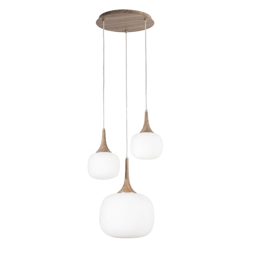 Sospensione in metallo con tre diffusori in vetro Bianca/Legno 1Xe27+2Xe14 29X39X150Cm