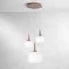 Sospensione in metallo con tre diffusori in vetro Bianca/Legno 1Xe27+2Xe14 29X39X150Cm