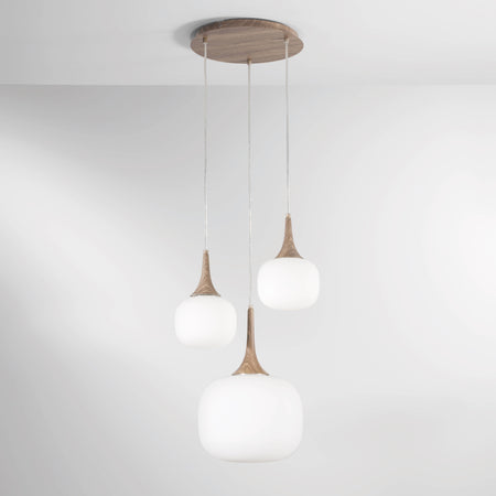 Sospensione in metallo con tre diffusori in vetro Bianca/Legno 1Xe27+2Xe14 29X39X150Cm