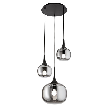 Sospensione in metallo con tre diffusori in vetro Nero Fume 1Xe27+2Xe14 29X39X150Cm