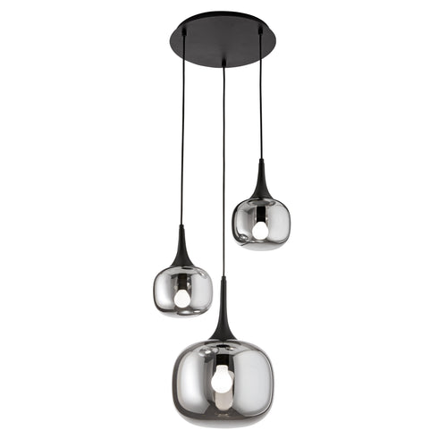 Sospensione in metallo con tre diffusori in vetro Nero Fume 1Xe27+2Xe14 29X39X150Cm