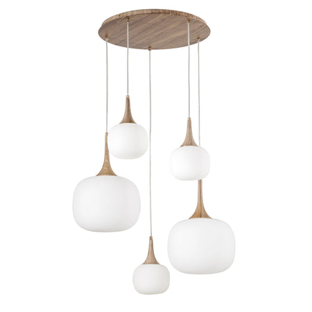 Sospensione in metallo con cinque diffusori in vetro Bianca/Legno 2Xe27+3Xe14 50X70X200Cm