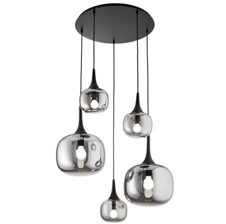 Sospensione in metallo con cinque diffusori in vetro Nero Fume 2Xe27+3Xe14 50X70X200Cm