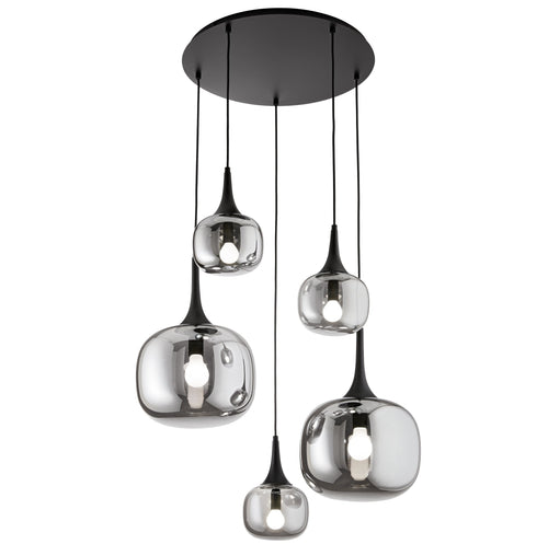 Sospensione in metallo con cinque diffusori in vetro Nero Fume 2Xe27+3Xe14 50X70X200Cm