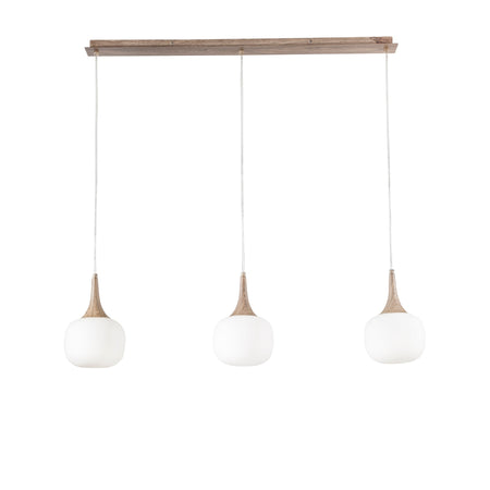 Sospensione lineare in metallo con tre diffusori in vetro Bianca/Legno 3Xe14 97X150X87Cm