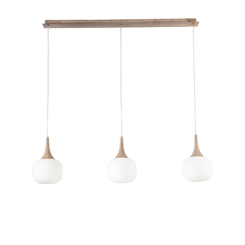 Sospensione lineare in metallo con tre diffusori in vetro Bianca/Legno 3Xe14 97X150X87Cm