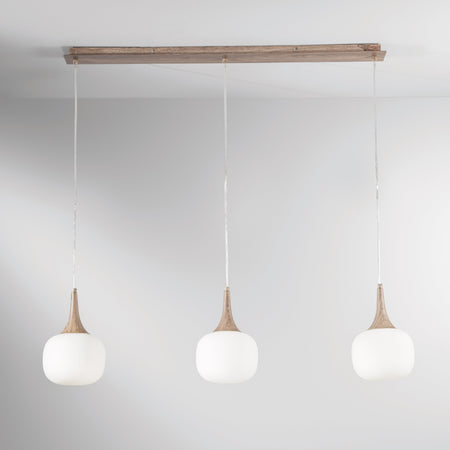 Sospensione lineare in metallo con tre diffusori in vetro Bianca/Legno 3Xe14 97X150X87Cm