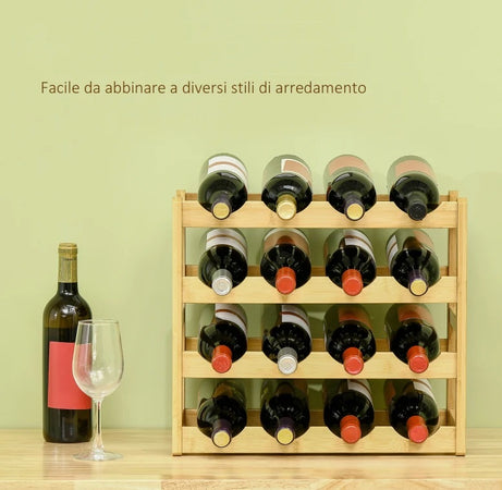 Porta Bottiglie Cantinetta Legno Bambù 4Piani 16 Scomparti 43x25 H43cm Casa Bar