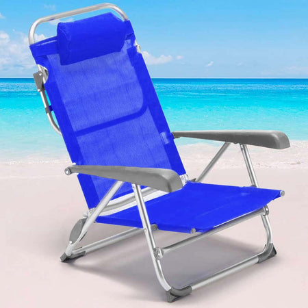 Sedia Spiaggina Prendisole Pieghevole Alluminio Poggia testa Sdraio Reclinabile Blu