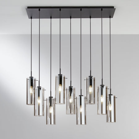 Lampadario a sospensione lineare diffusori Nera/Fume 9Xe27 90X30X150Cm