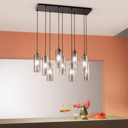 Lampadario a sospensione lineare diffusori Nera/Fume 9Xe27 90X30X150Cm