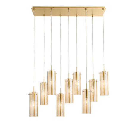 Lampadario a sospensione lineare diffusori Oro/Ambra 9Xe27 90X30X150Cm