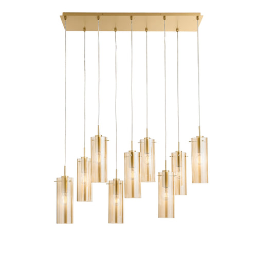 Lampadario a sospensione lineare diffusori Oro/Ambra 9Xe27 90X30X150Cm