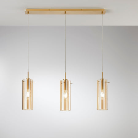 Lampadario a sospensione lineare diffusori Oro/Ambra 3Xe27 79X10X150Cm