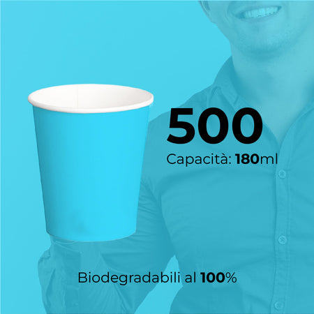 Bicchieri Acqua in Carta 180ml H. 7.5cm Maxi Scorta 500pz 100% Biodegradabili Celeste