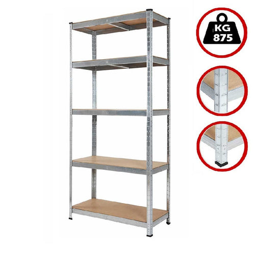 Scaffale Metallo Zincato 5 Ripiani Legno MDF 75x30 H 180cm Scaffalatura Garage Casa