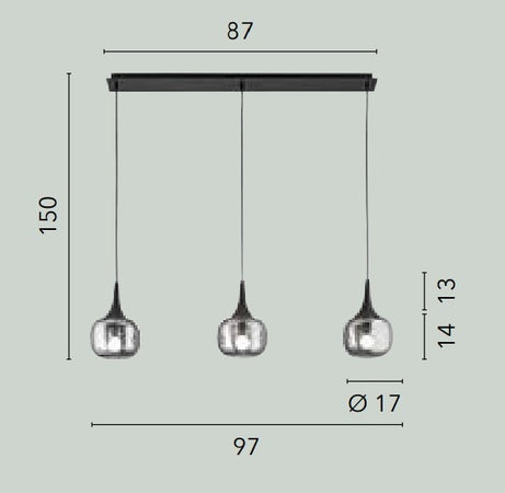 Sospensione lineare in metallo con tre diffusori in vetro Fume/Nera 3Xe14 97X150X87Cm