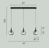 Sospensione lineare in metallo con tre diffusori in vetro Bianca/Legno 3Xe14 97X150X87Cm