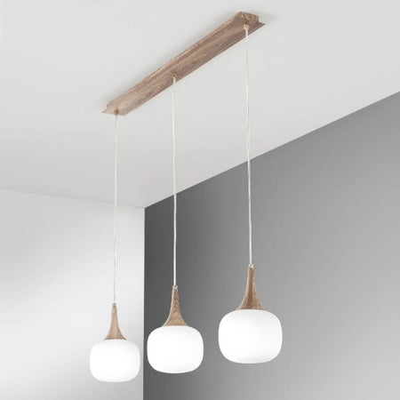 Sospensione lineare in metallo con tre diffusori in vetro Bianca/Legno 3Xe14 97X150X87Cm