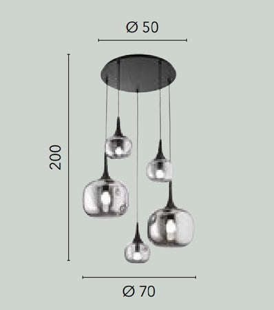 Sospensione in metallo con cinque diffusori in vetro Bianca/Legno 2Xe27+3Xe14 50X70X200Cm