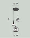 Sospensione in metallo con tre diffusori in vetro Nero Fume 1Xe27+2Xe14 29X39X150Cm