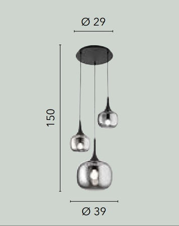 Sospensione in metallo con tre diffusori in vetro Nero Fume 1Xe27+2Xe14 29X39X150Cm