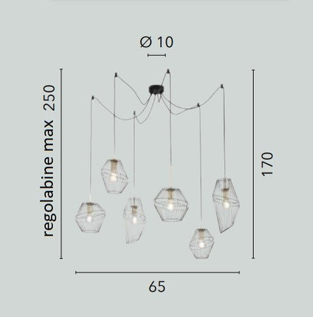 Lampadario a sospensione a sei luci in metallo Nero/Oro 6Xe27 65X250X10Cm