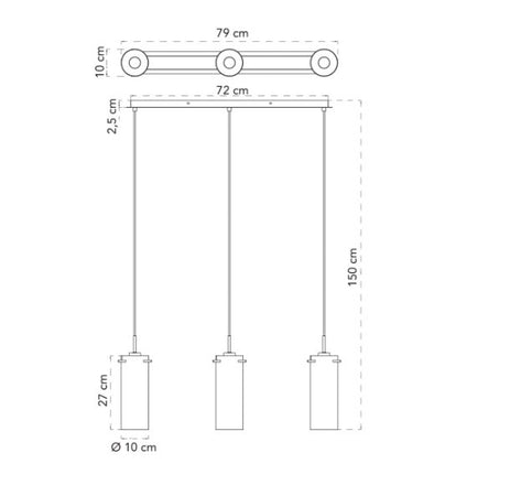 Lampadario a sospensione lineare ,diffusori Nera/Fume 3Xe27 79X10X150Cm