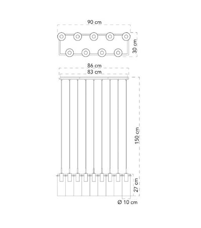 Lampadario a sospensione lineare diffusori Nera/Fume 9Xe27 90X30X150Cm