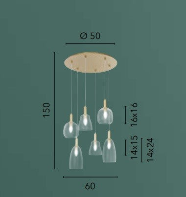 Lampadario a sospensione , sei diffusori Oro 6Xe14 60X50X150Cm